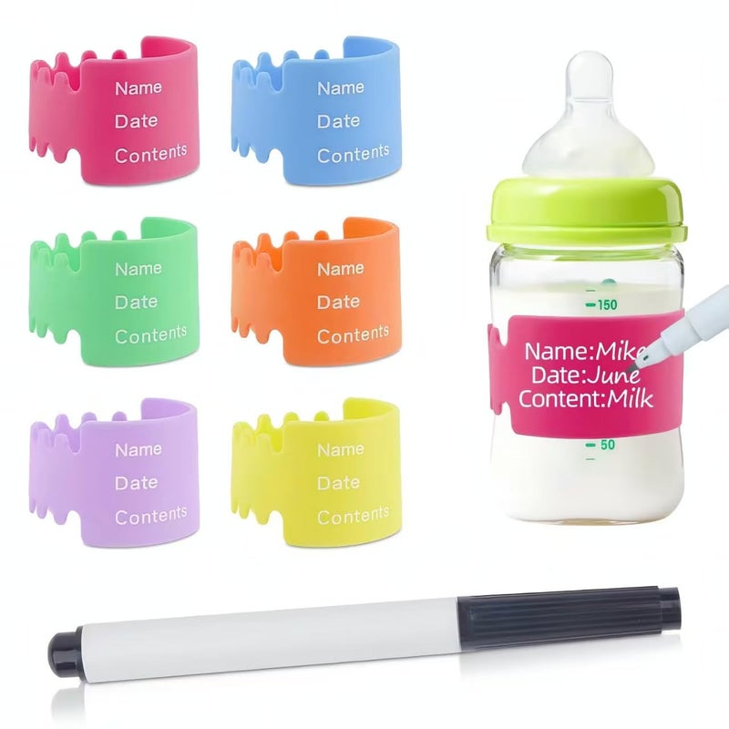 Notoke 6PCS Bottle Labels Daycare Reusable, Waterproof Silicone Baby Bottle Labels for Daycare,Write and Reuse Sippy Cup Bands Baby Bottle Labels with Marker(6 Color) - Image 1